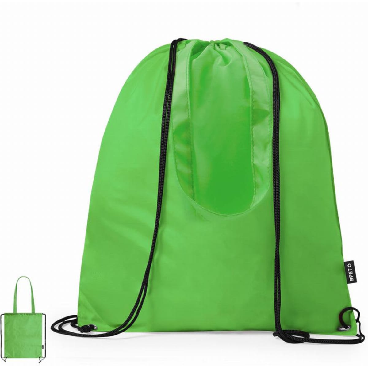 A green drawstring bag with a rounded top and contrasting interior, featuring a logo. Two styles are visible: the bag and a tote.
