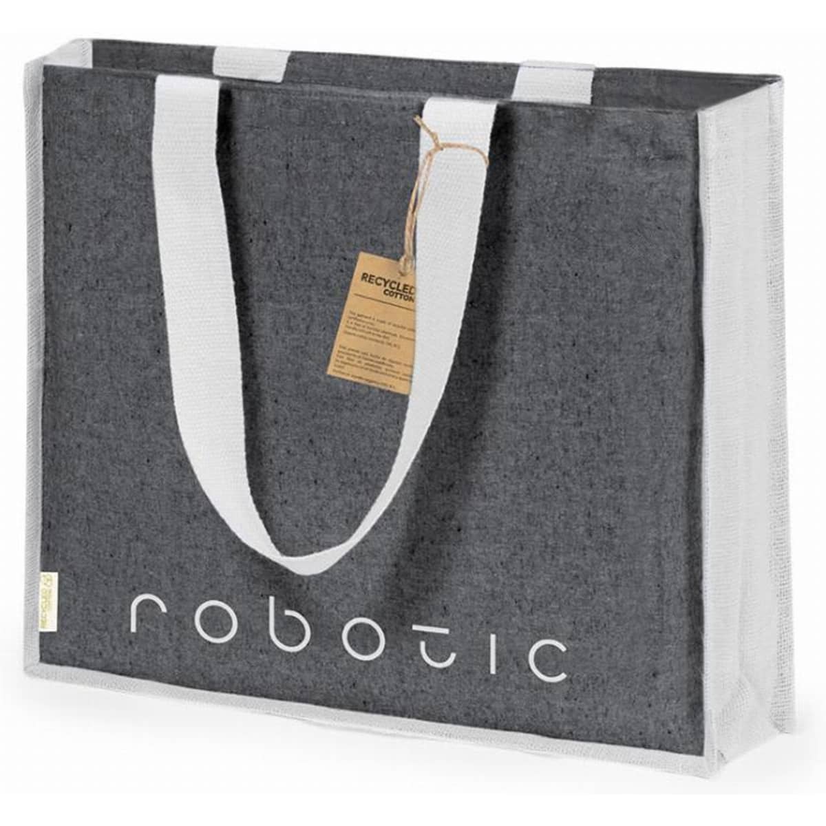 A grey reusable tote bag with white handles and a logo, featuring a tag attached.