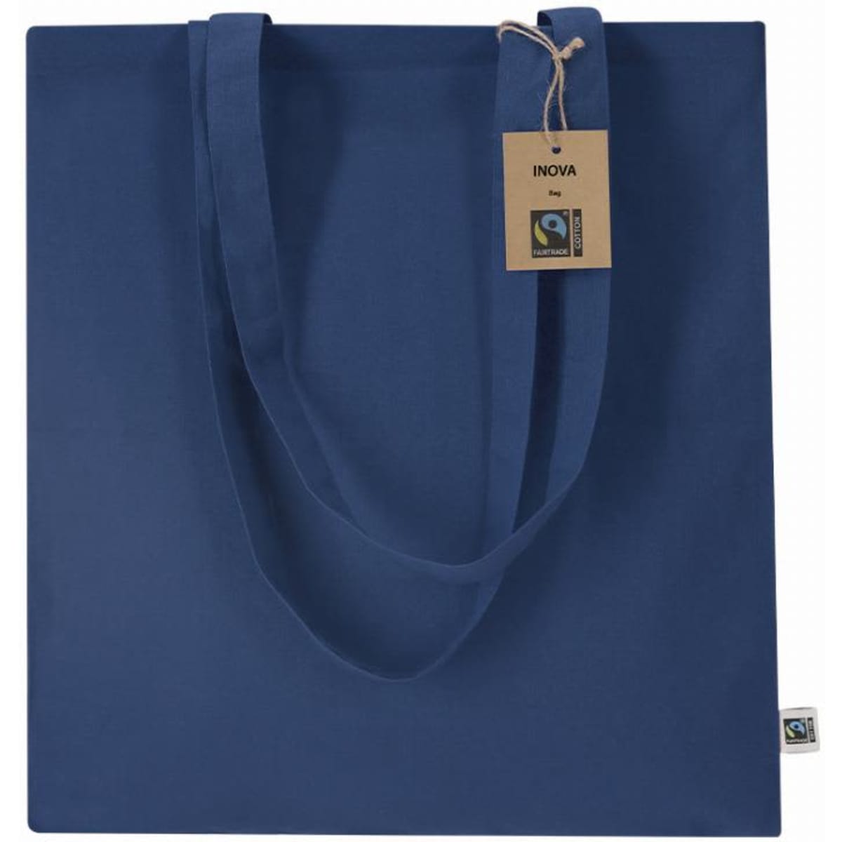 A drink bottle in deep navy blue with sturdy handles and a tag, featuring a logo.