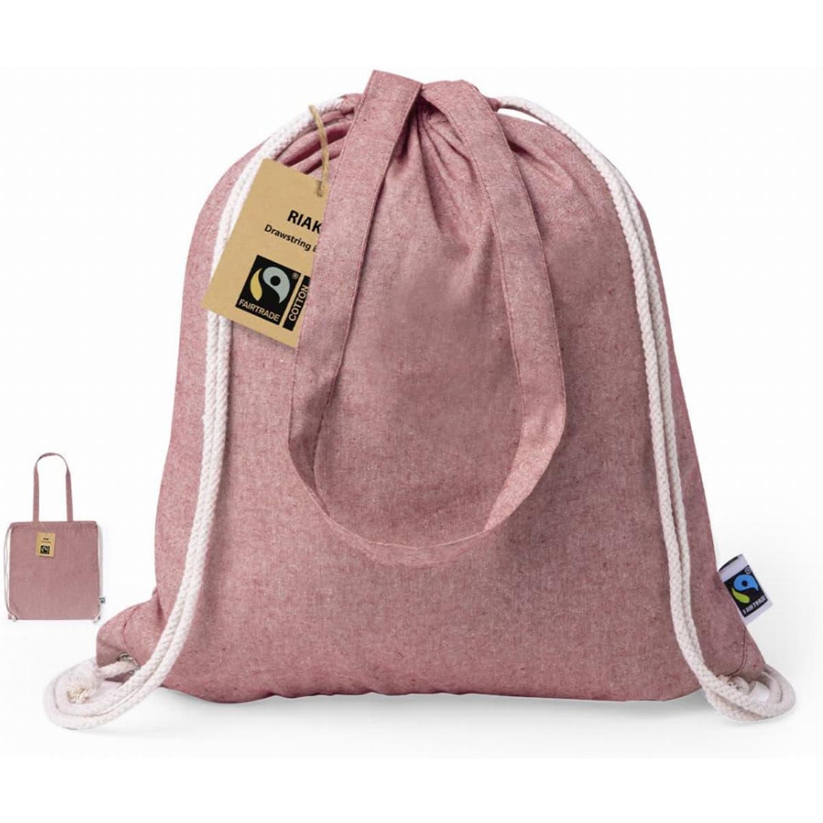 A drawstring bag in a soft pink shade with white ropes and a tag, featuring a logo.