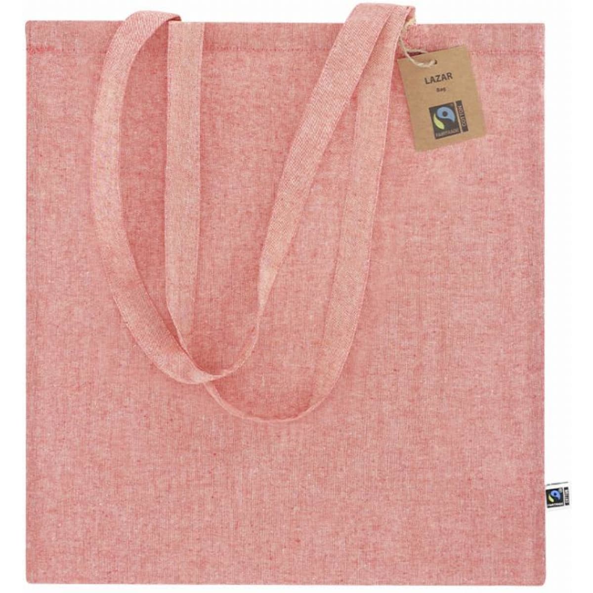 A pink linen tote bag with two handles and a tag. It features a Fairtrade logo badge.