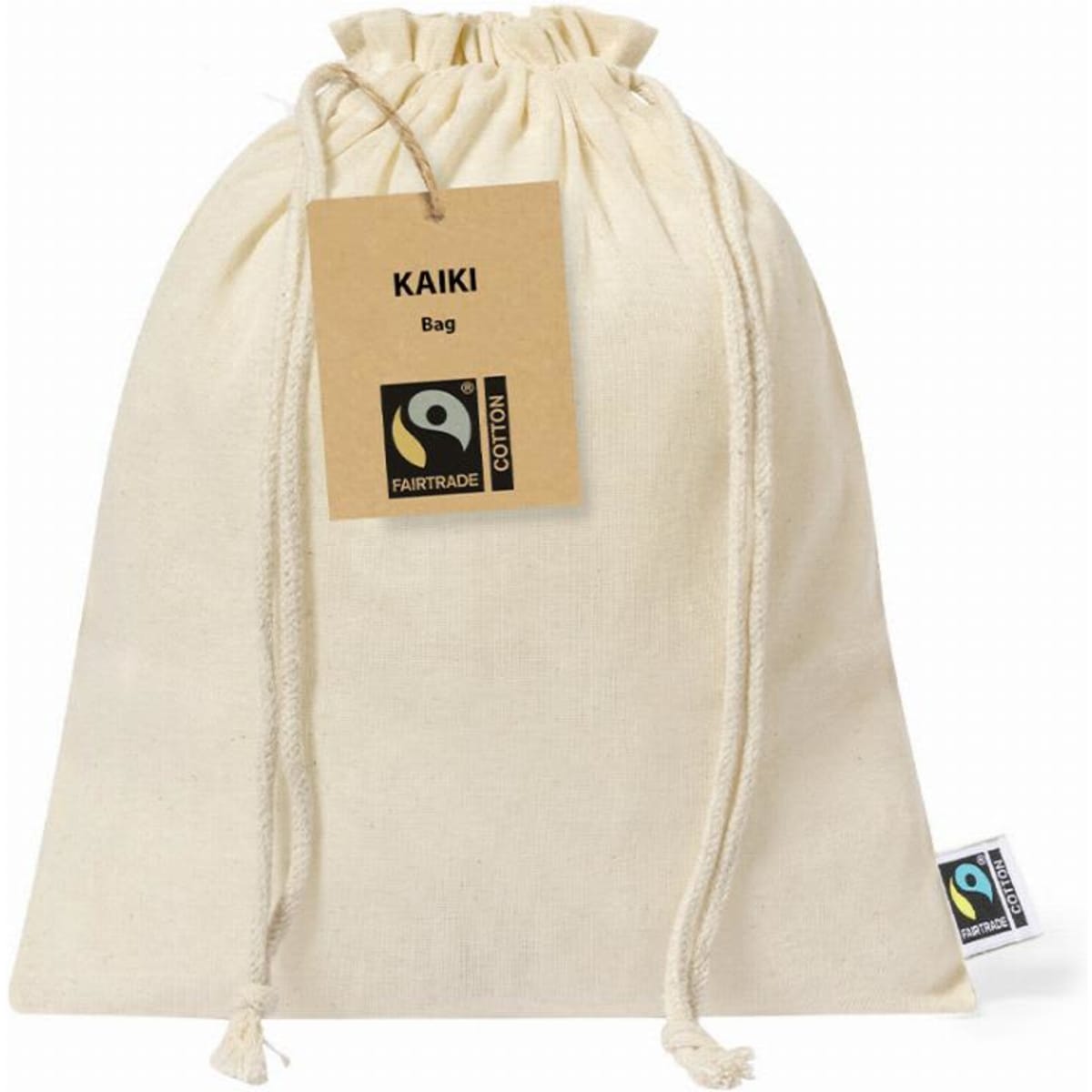 A drawstring bag in a natural off-white colour with a tag indicating Fairtrade certification and branding.