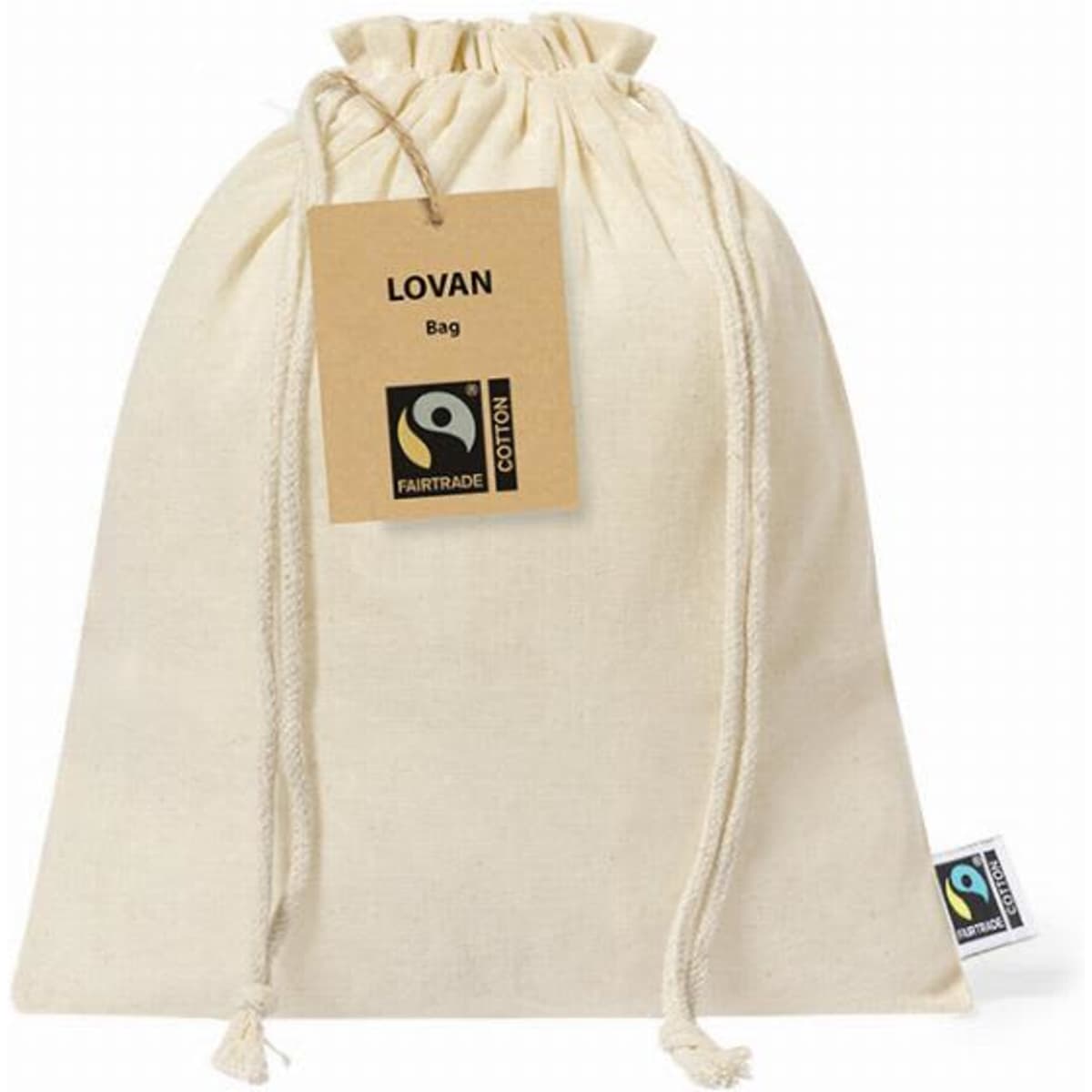 A drawstring bag in cream colour made from Fairtrade cotton, featuring a tag and a logo.