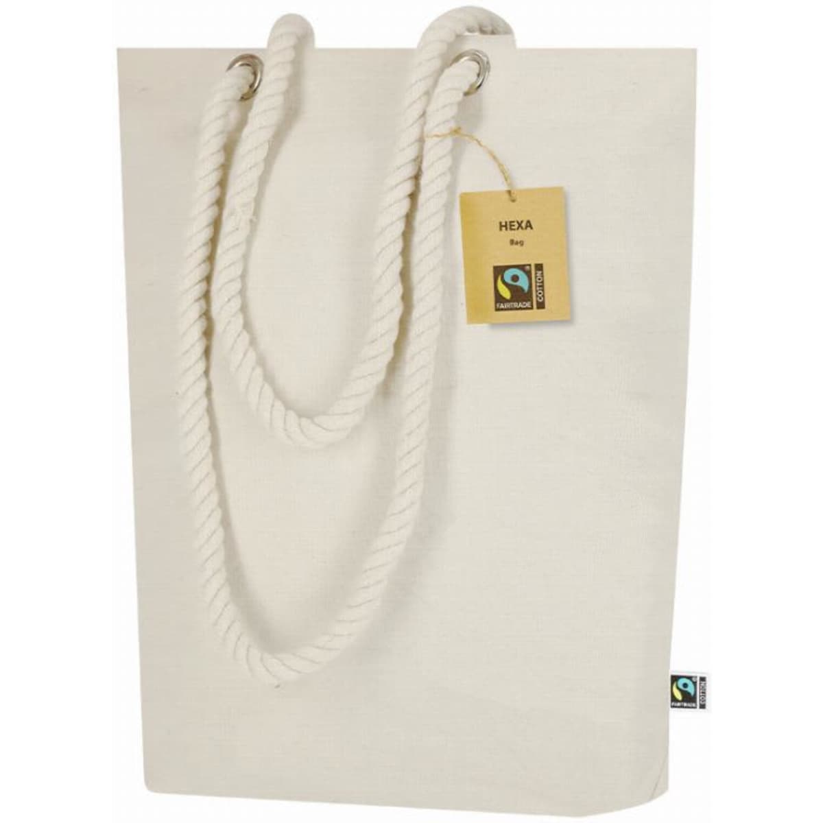 A cream-coloured tote bag with rope handles, featuring a tag and a logo.