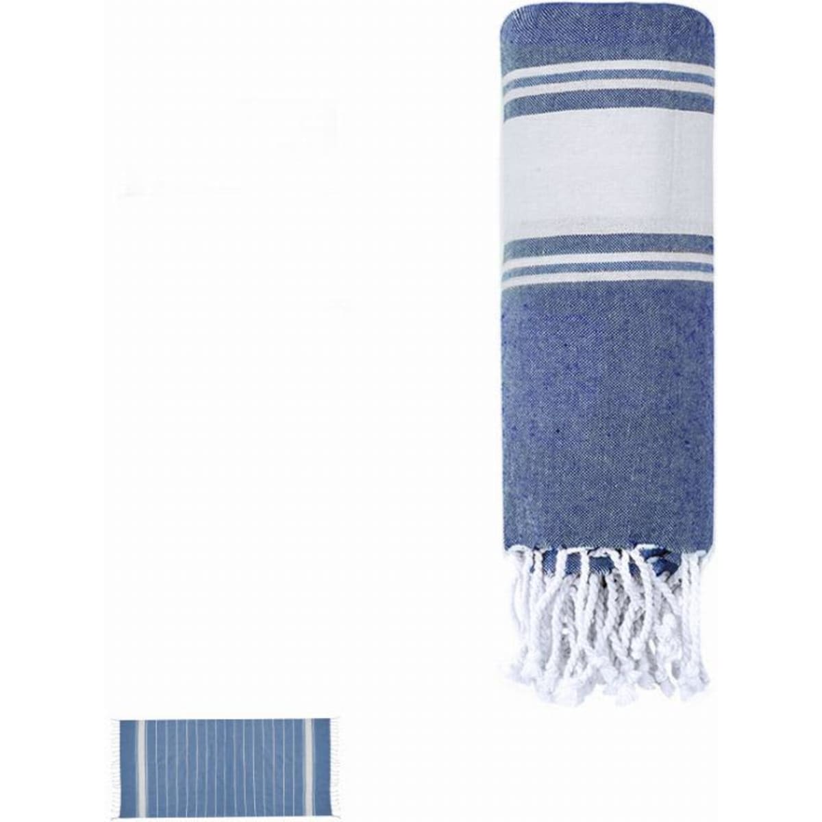 A striped blue and white beach towel with fringed edges, featuring a logo on one side.