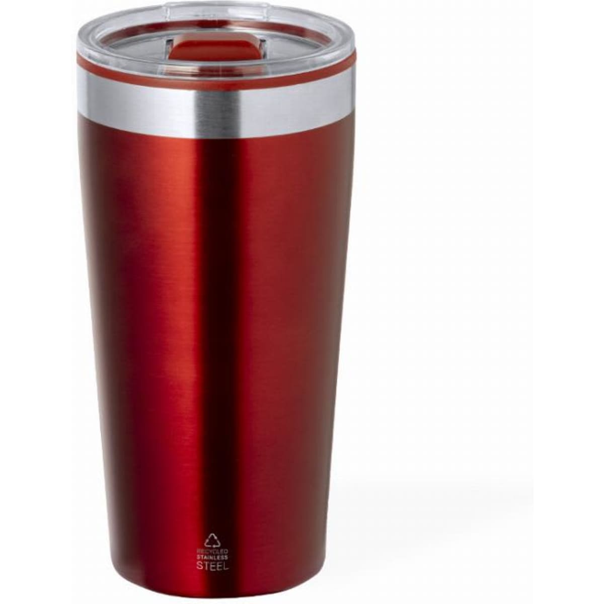 A drink bottle in a sleek red finish with a silver band and clear lid, featuring a stainless steel design.