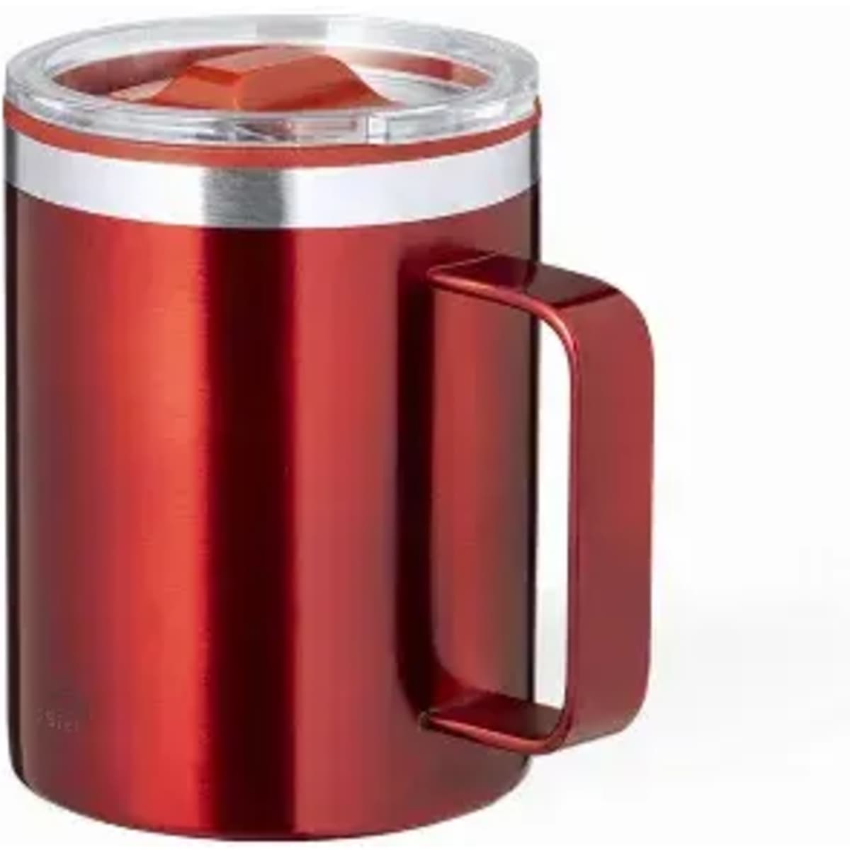 A drink bottle featuring a red metallic body with a silver band and a clear lid, complete with a handle.