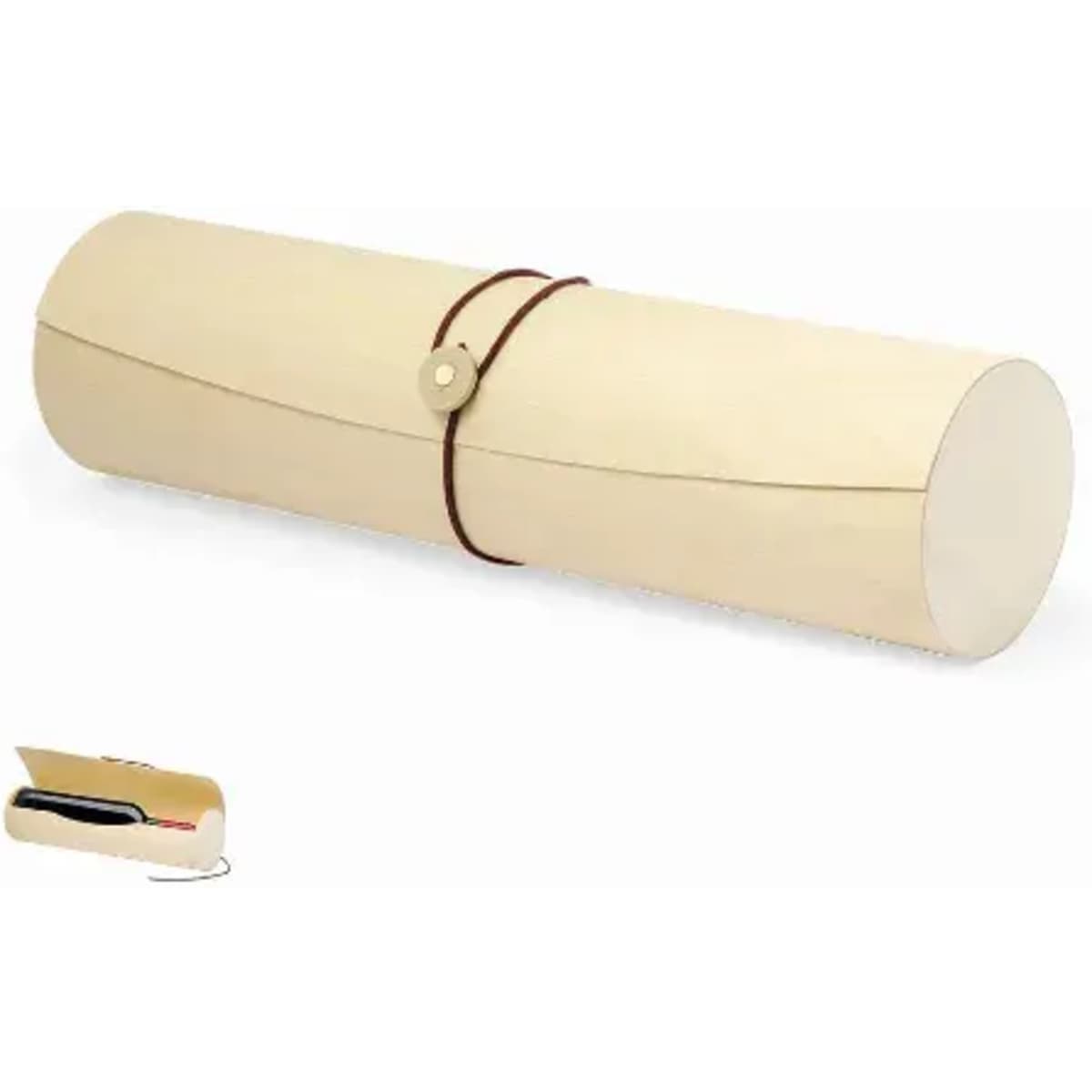 A cylindrical case in cream colour, secured with a brown elastic band. The interior is partially visible.