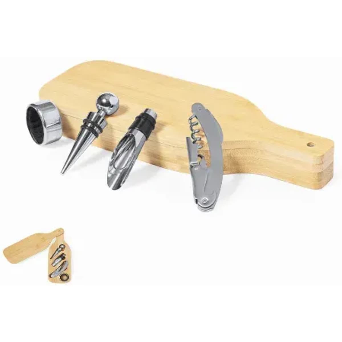 A wooden serving board displays a wine pourer, bottle opener, and a cork seal, all with a metallic finish.