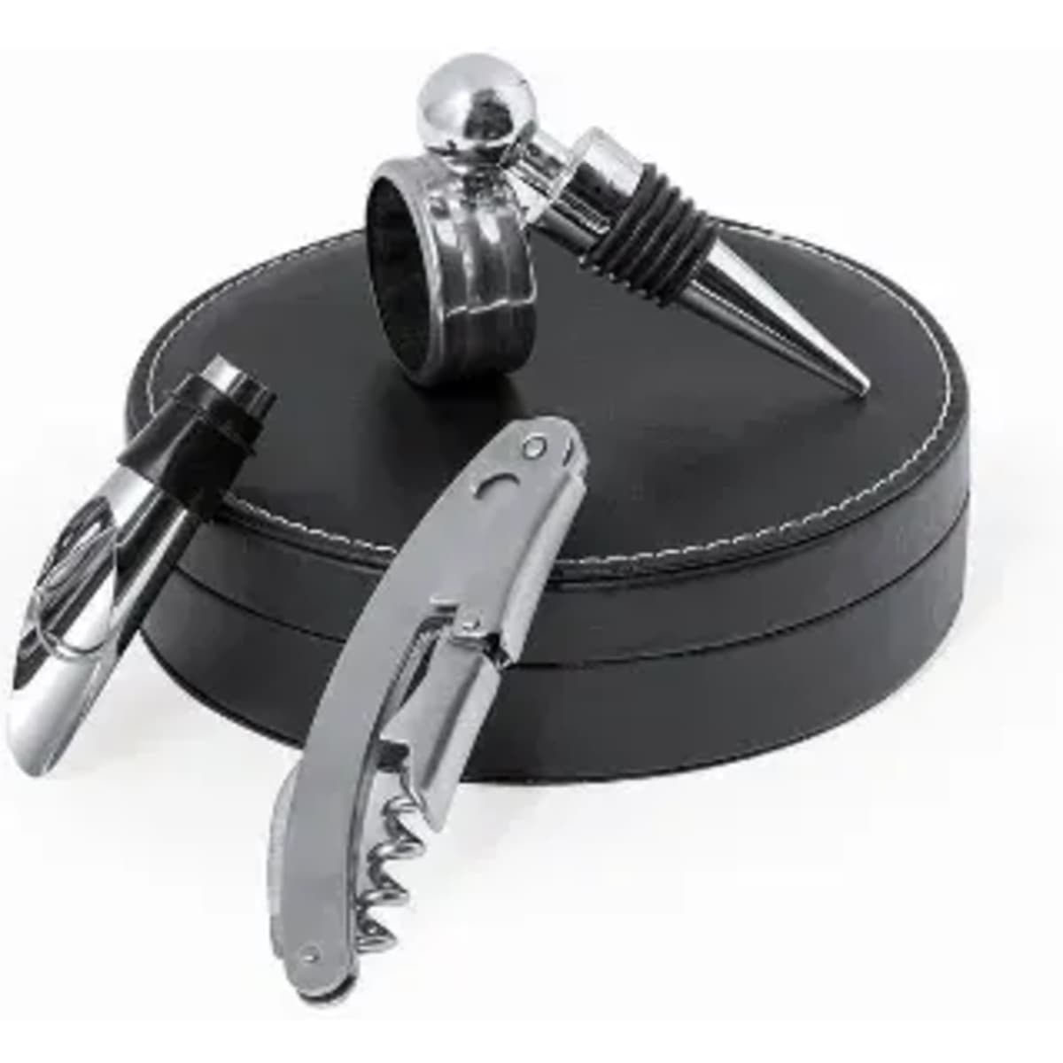 A wine accessory set featuring a corkscrew, bottle stopper, and pourer, all presented in a round black case.
