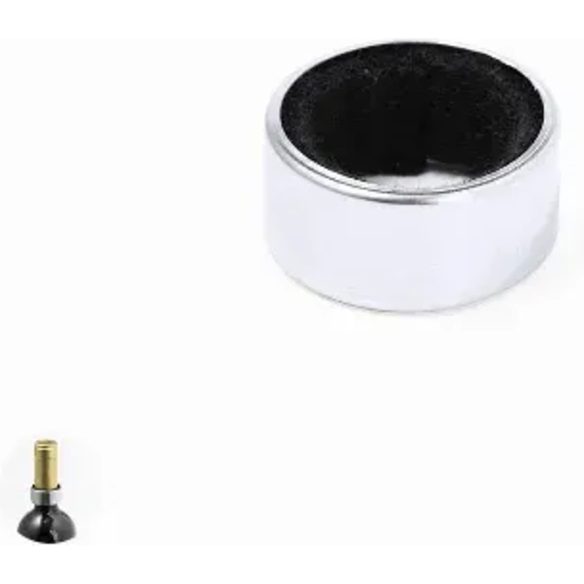 A metallic drink bottle with a shiny silver finish and a black interior, featuring a small attachment at the bottom.
