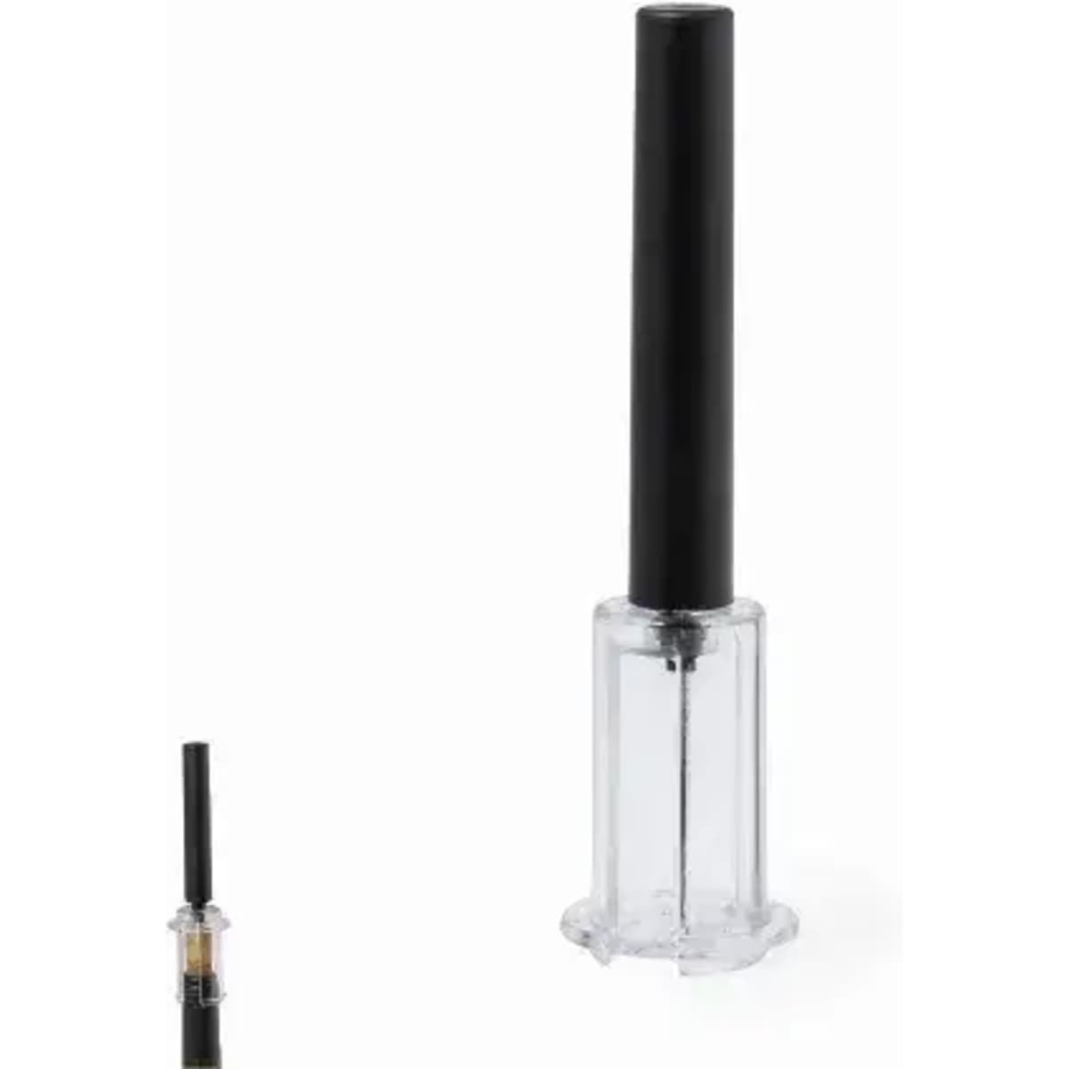 A clear bottle with a black applicator. The bottle has a transparent body and a long black lid.