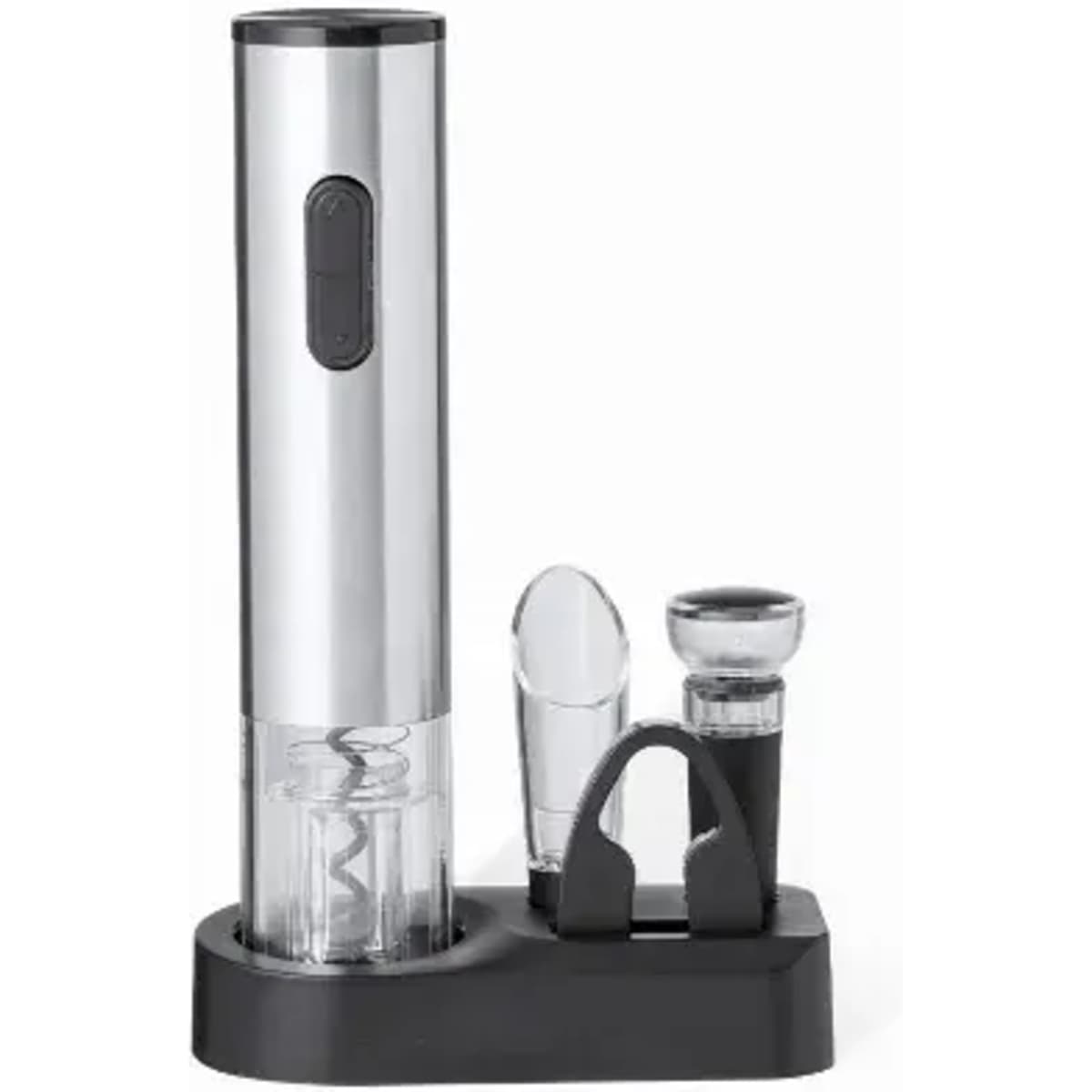 A wine opener set with a silver electric corkscrew, a wine pourer, and a stand in black.