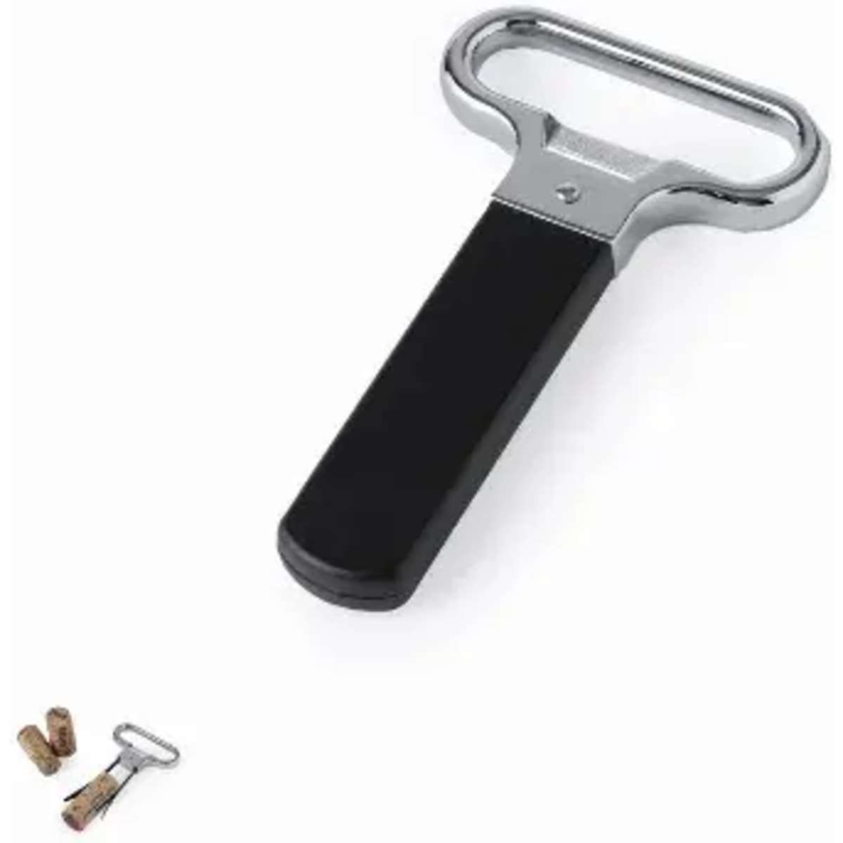 A bottle opener with a shiny silver metal head and a black handle, accompanied by two corkscrews.