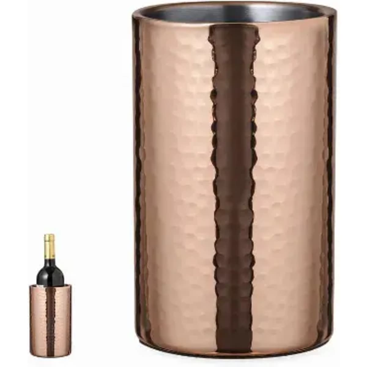 A drink bottle in a hammered copper finish, featuring a sleek, cylindrical design and a silver interior.