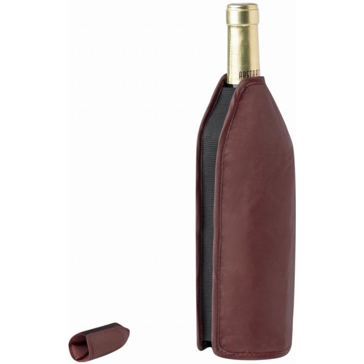 A drink bottle coozie in burgundy, with a sleek design, featuring a logo and a separate cap cover.