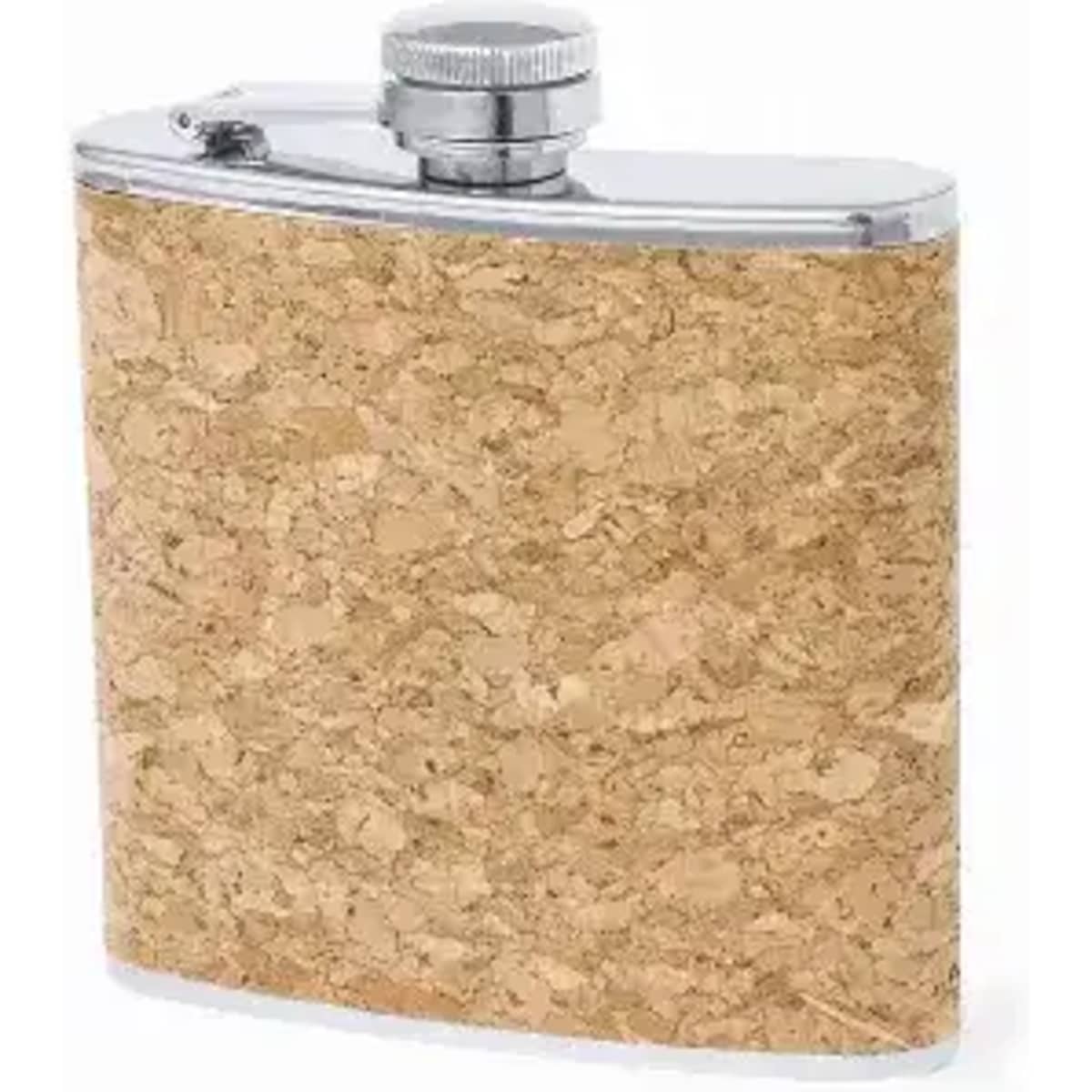 A drink bottle with a cork exterior and a silver screw top. It has a sleek, rounded design.