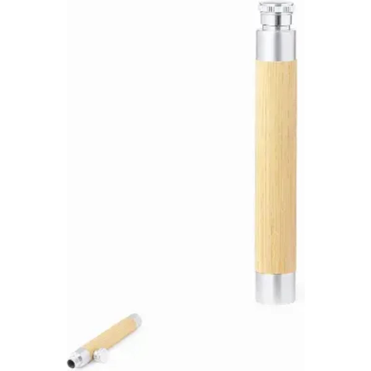 A drink bottle with a sleek silver top and a light wooden body, featuring a logo.