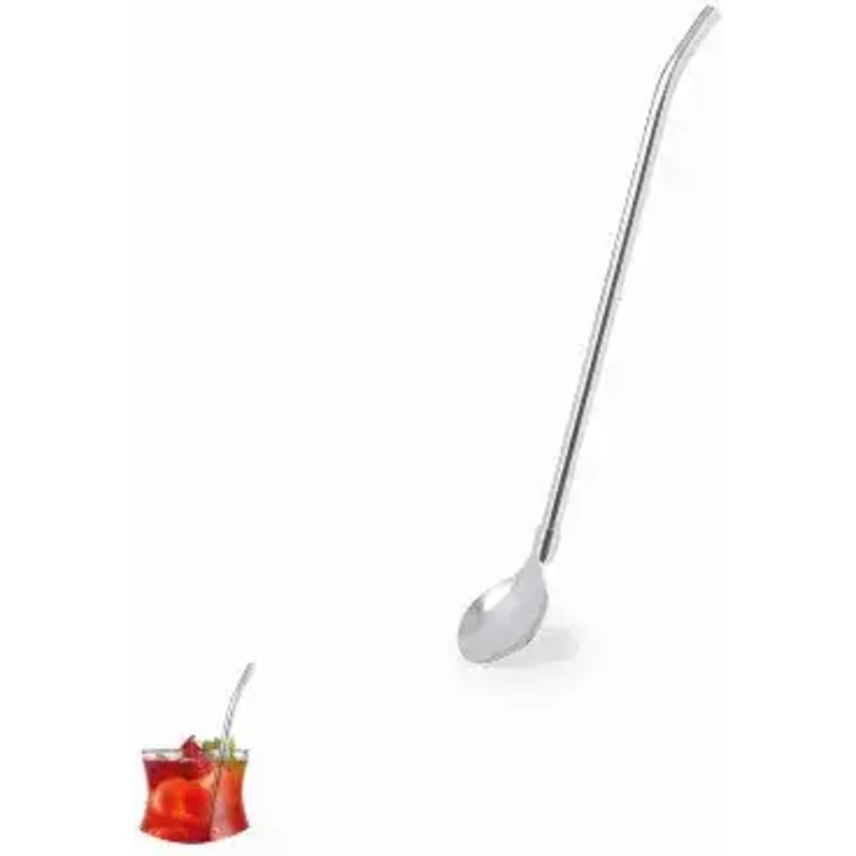 A drink bottle with a silver metallic straw and a beverage, featuring a red drink with a fruit garnish.