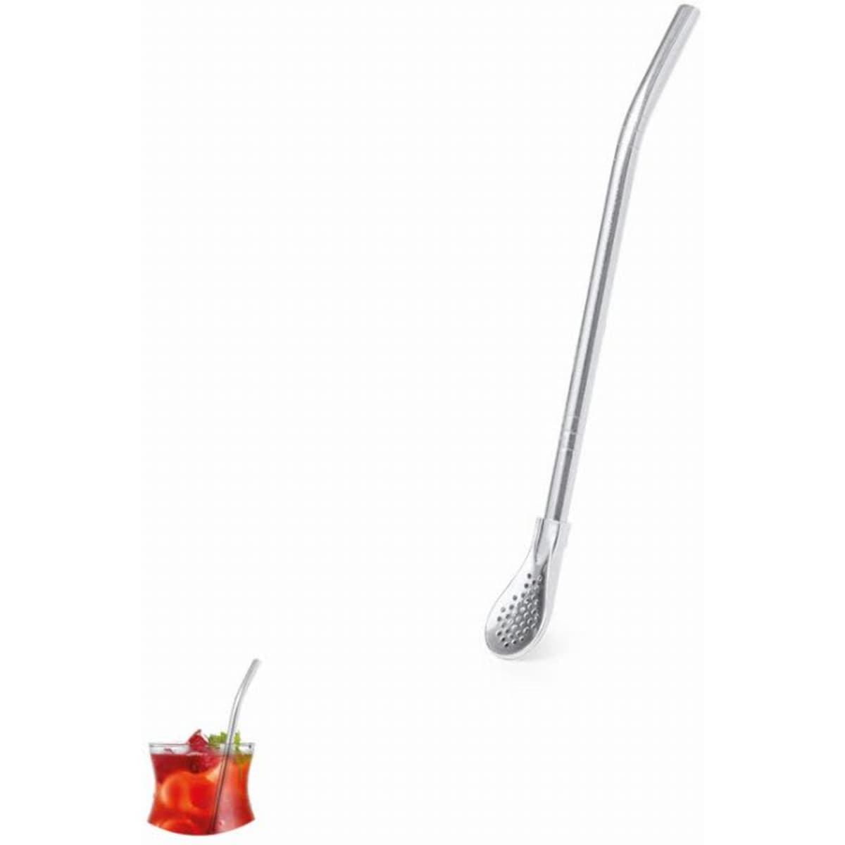 A stainless steel drinking straw with a curved design and a perforated tip, ideal for beverages.