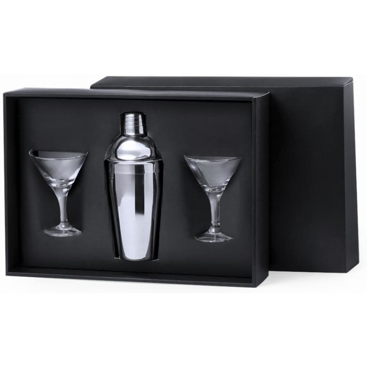 A drink bottle set featuring a silver cocktail shaker and two clear martini glasses, presented in a black box.