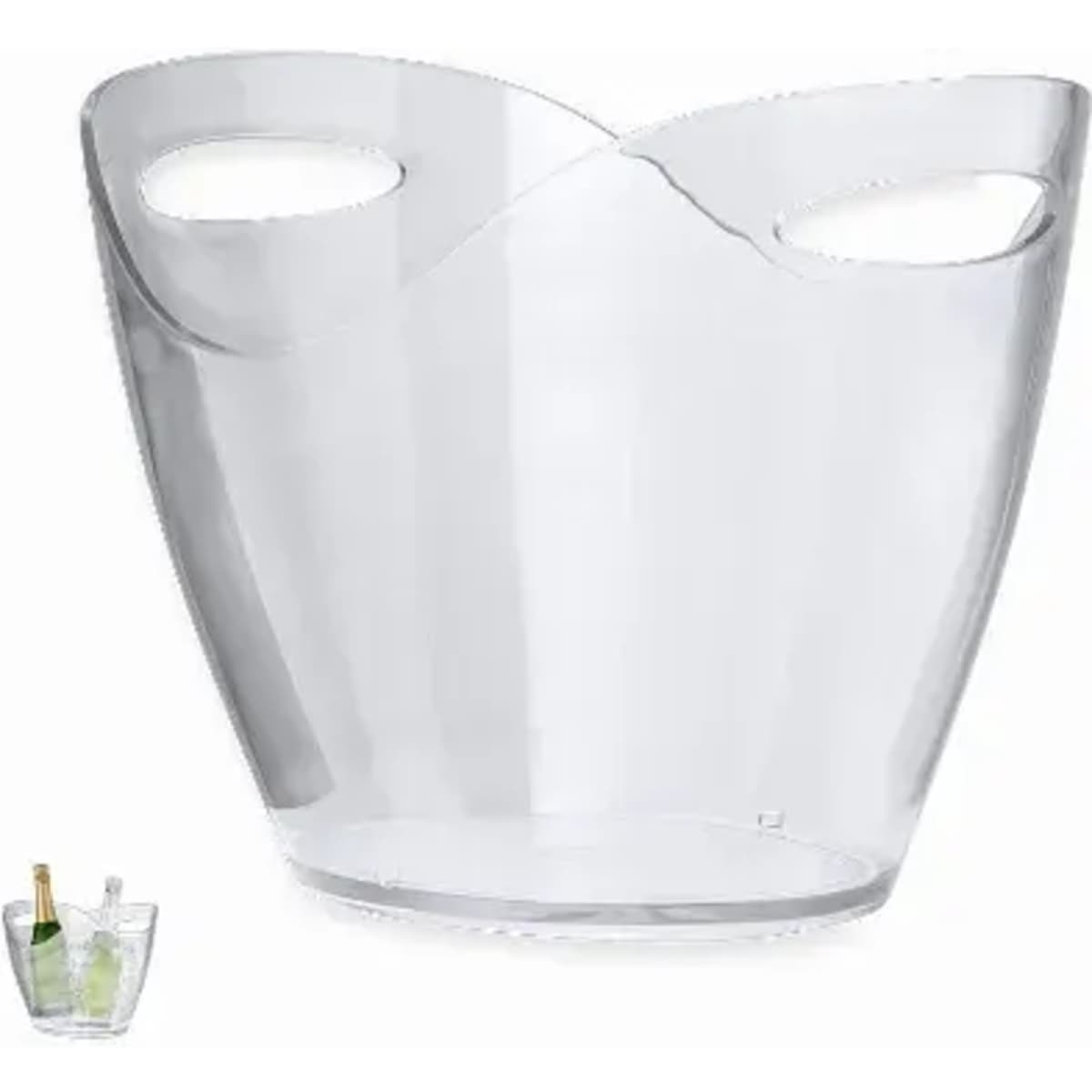 A clear ice bucket with two handles, featuring a smooth, modern design. Ideal for serving drinks.