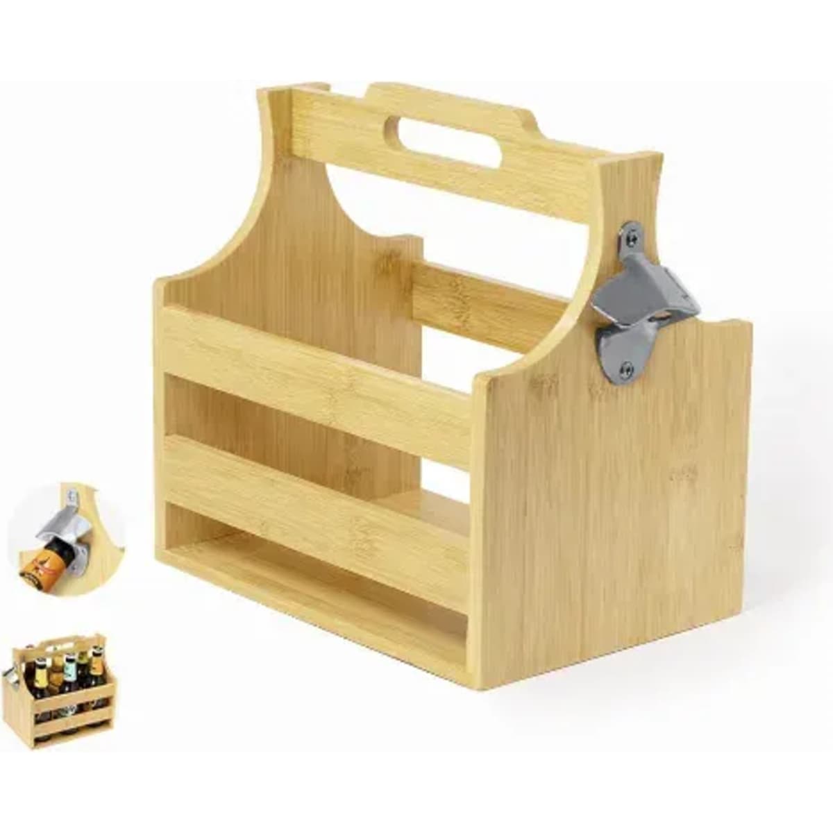 A wooden storage caddy made of bamboo, featuring a handle and a metal bottle opener on the side.