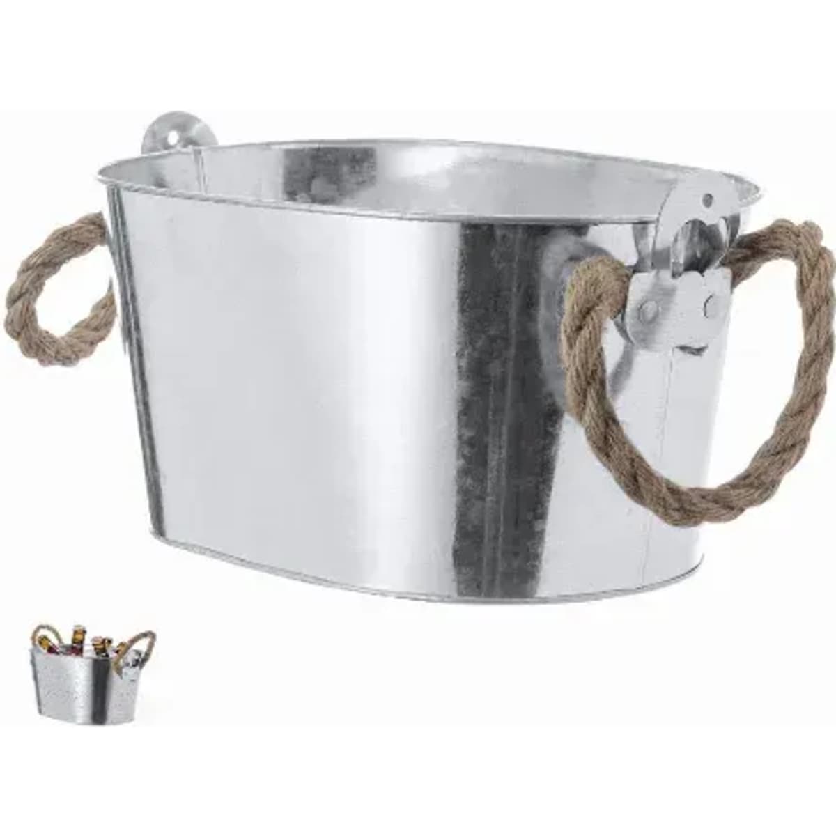 A silver metal bucket with two rope handles, featuring a smooth, shiny surface.