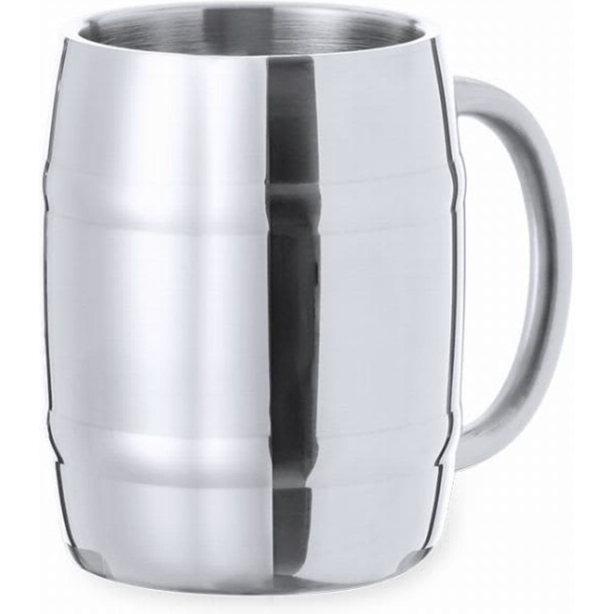 A drink bottle with a metallic silver finish, featuring a sturdy handle and a barrel-like design.