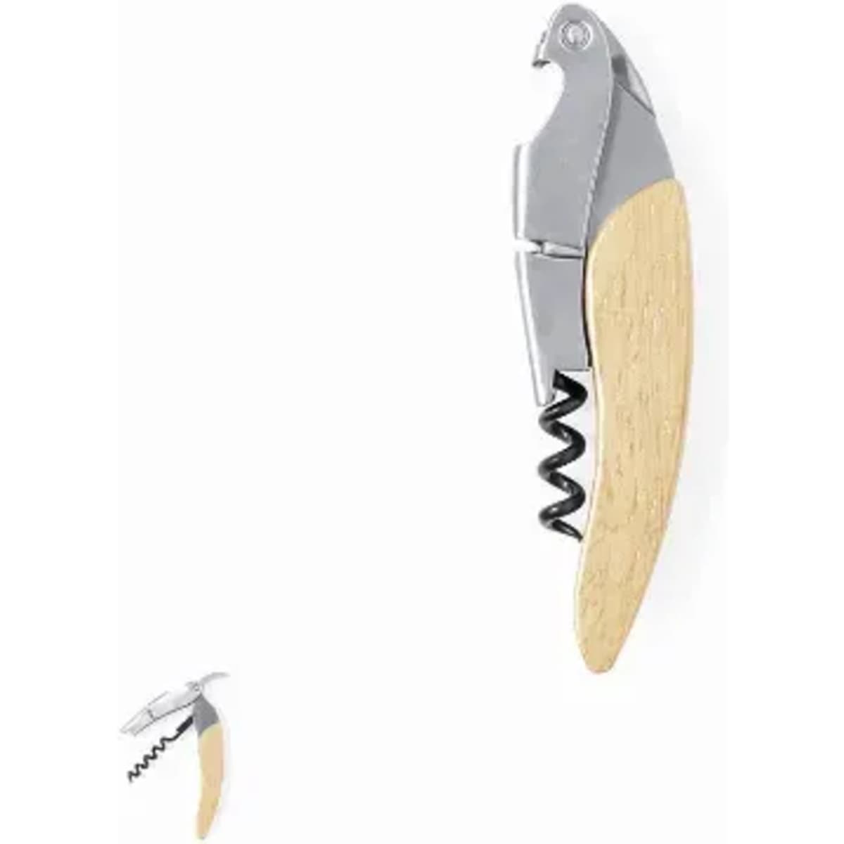 A corkscrew with a silver metal body and a light wooden handle, featuring a spiral to open wine bottles.