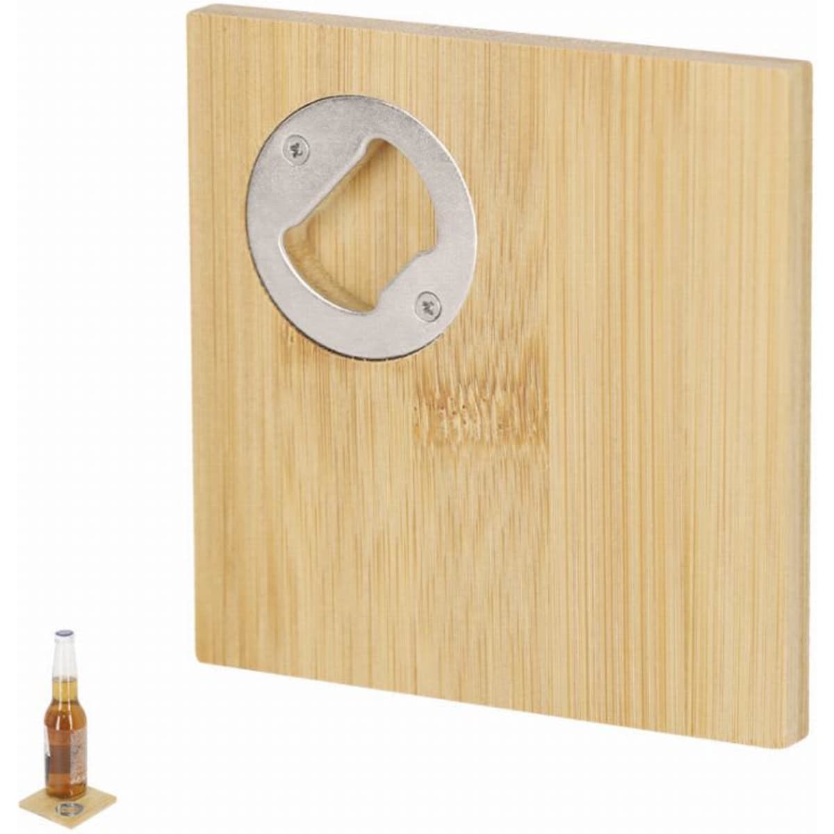 A bamboo wall-mounted bottle opener with a silver opener attachment. Includes a bottle in the foreground.