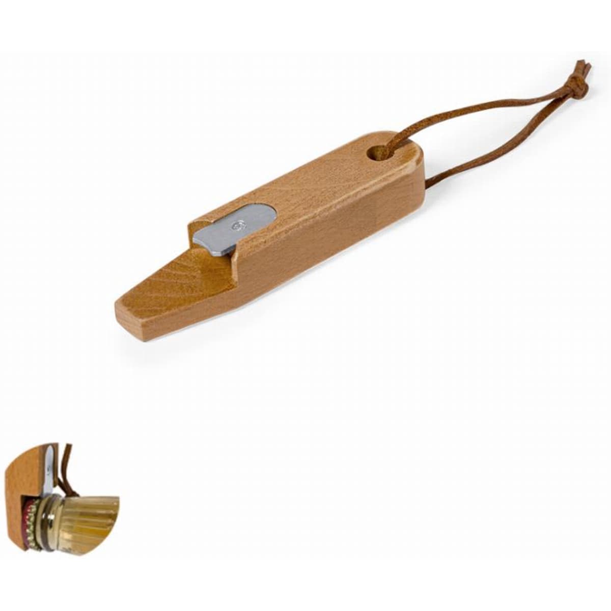 A wooden bottle opener with a metal lever, featuring a leather cord. It has a natural finish.