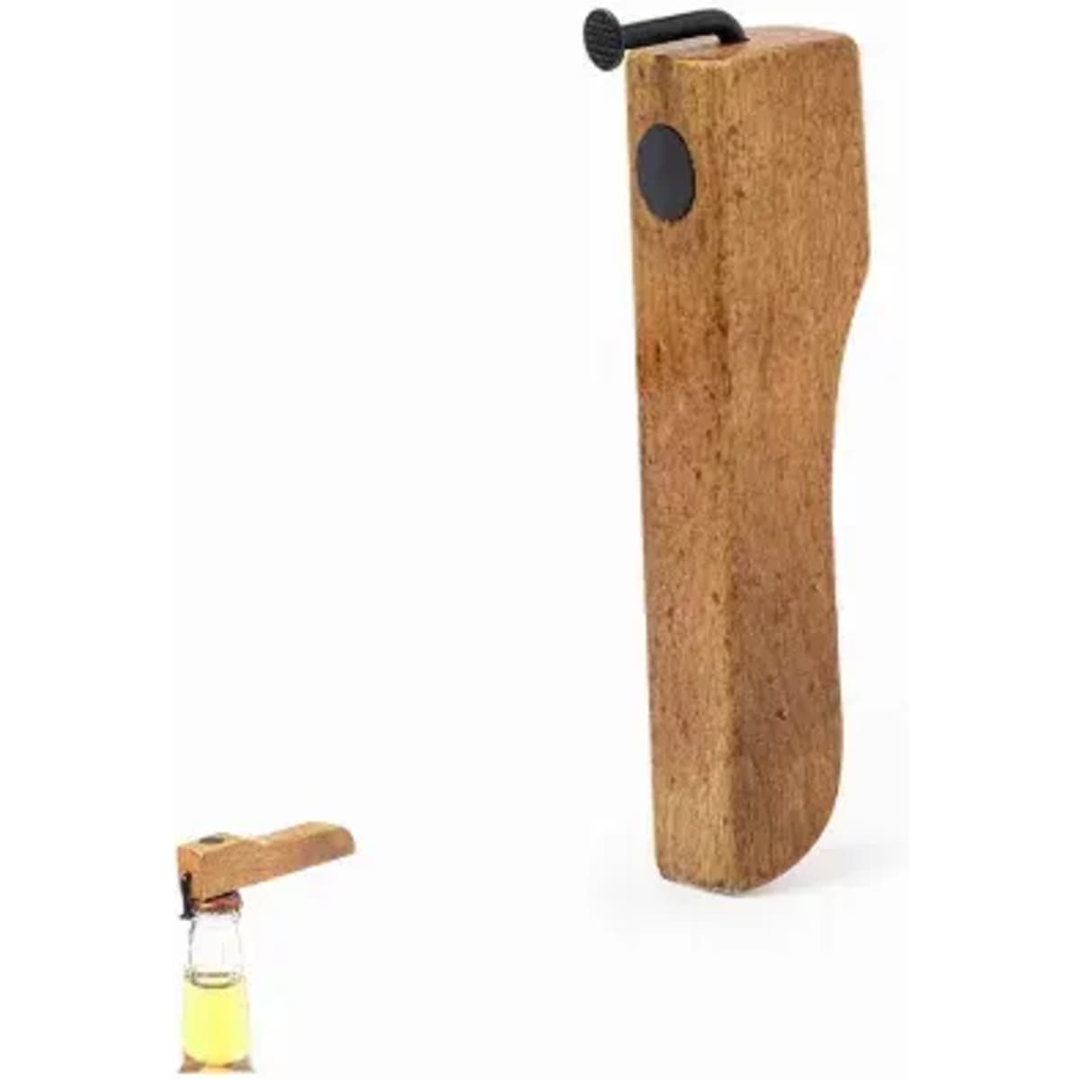A wooden bottle opener with a metal lever, featuring a smooth, natural finish. It has a rustic design and a small logo.