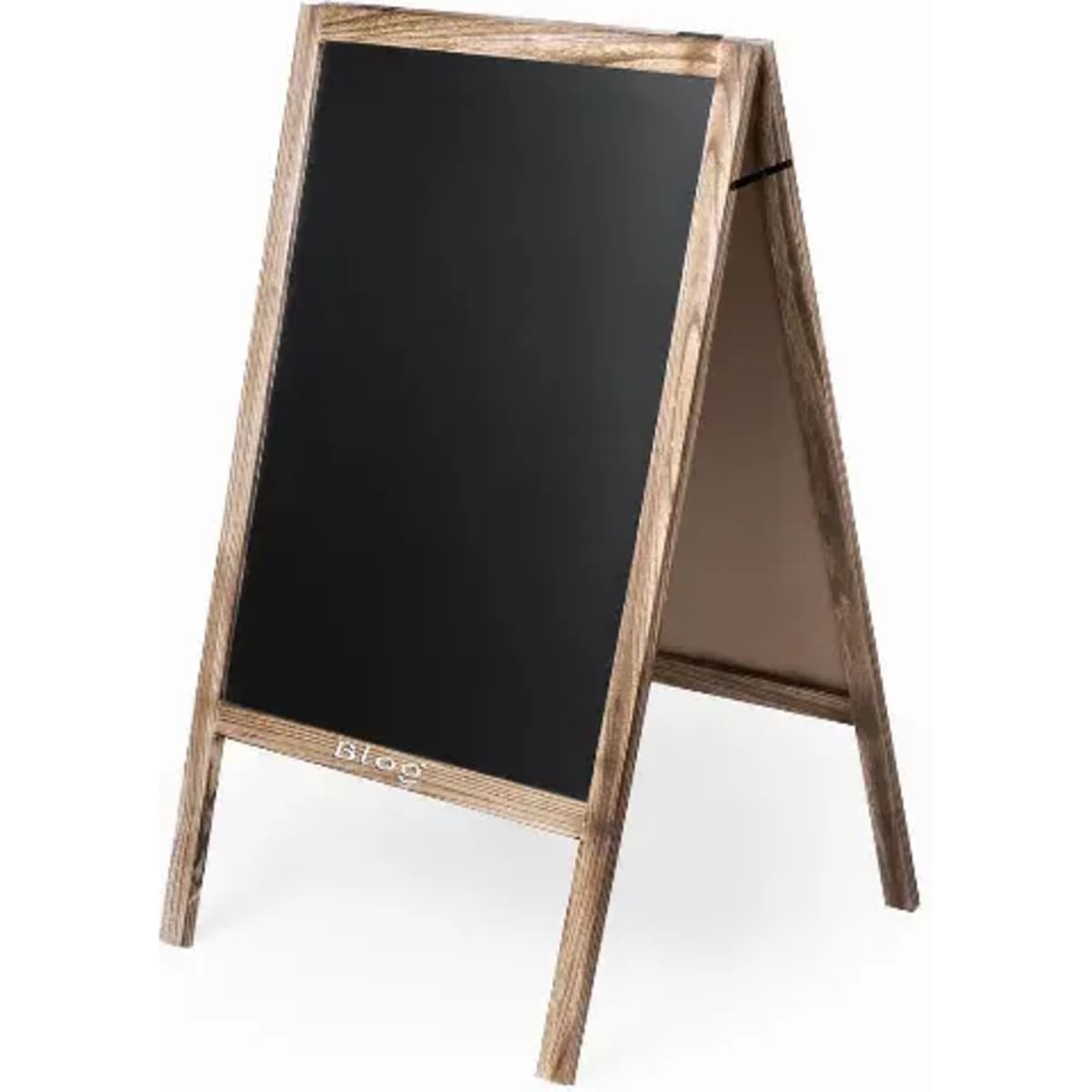 A wooden A-frame chalkboard with a dark surface, featuring a natural finish and a simple, elegant design.