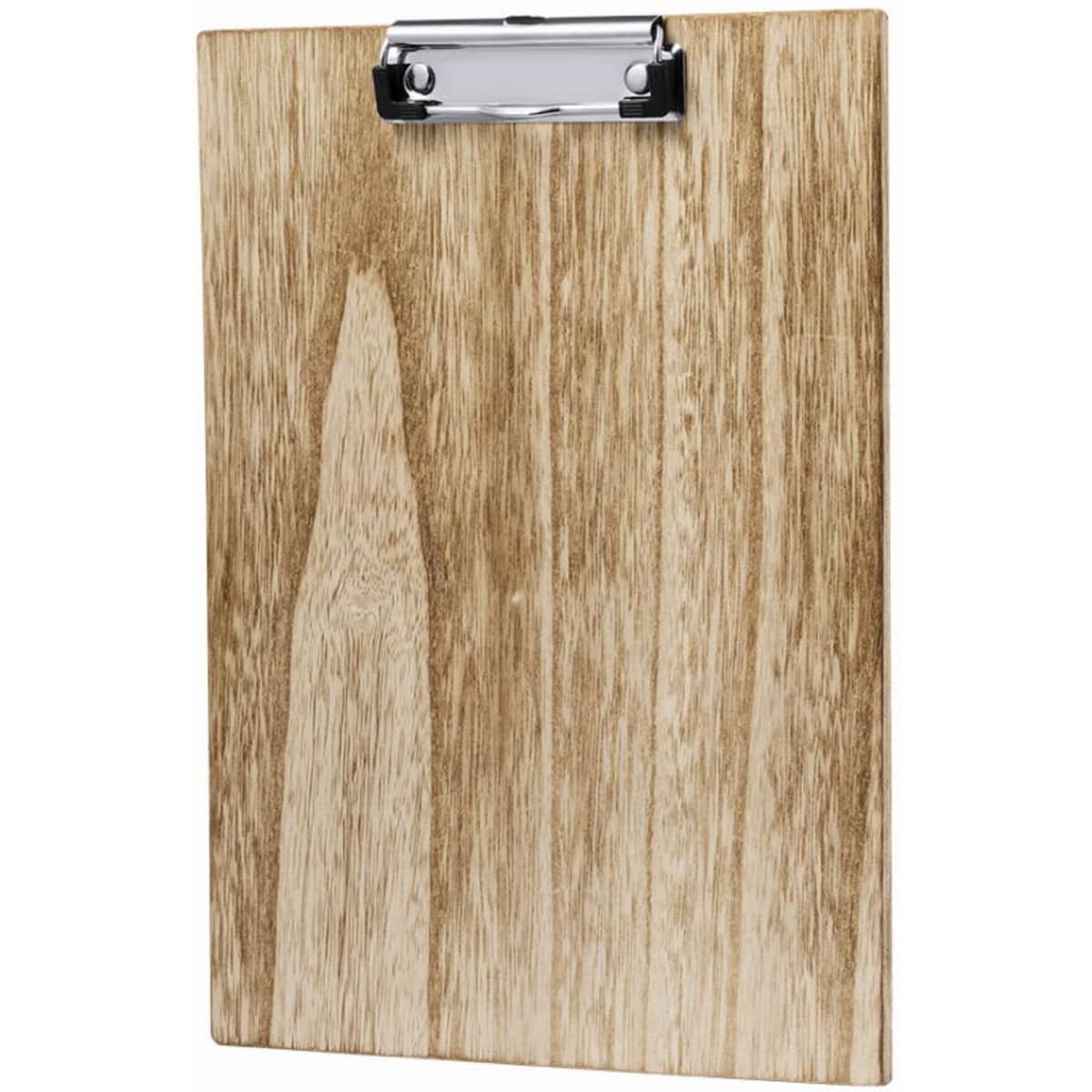 A wooden clipboard with a shiny metal clip, featuring a natural wood grain pattern.