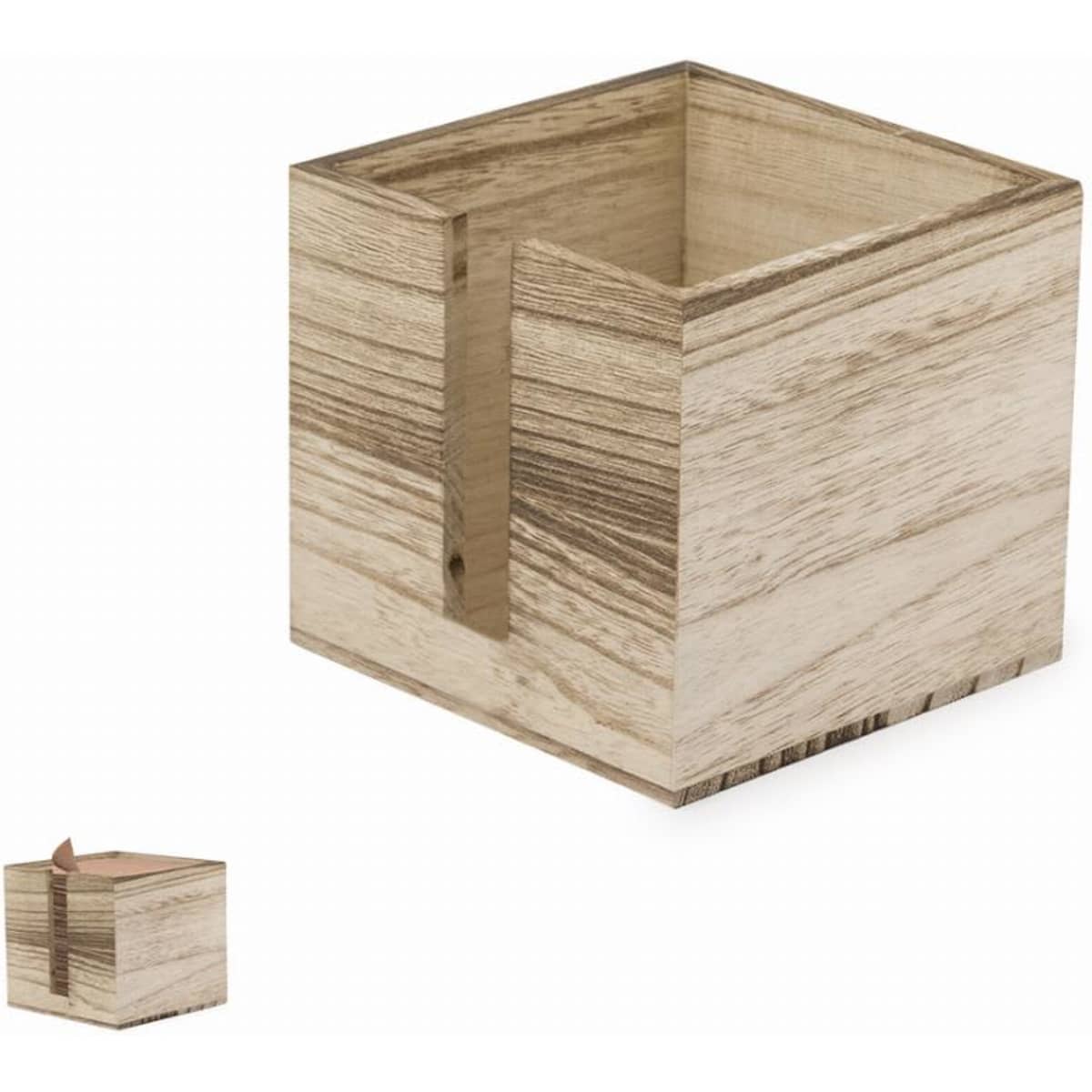 A wooden storage box with a natural finish, featuring a split design and detailed grain patterns.