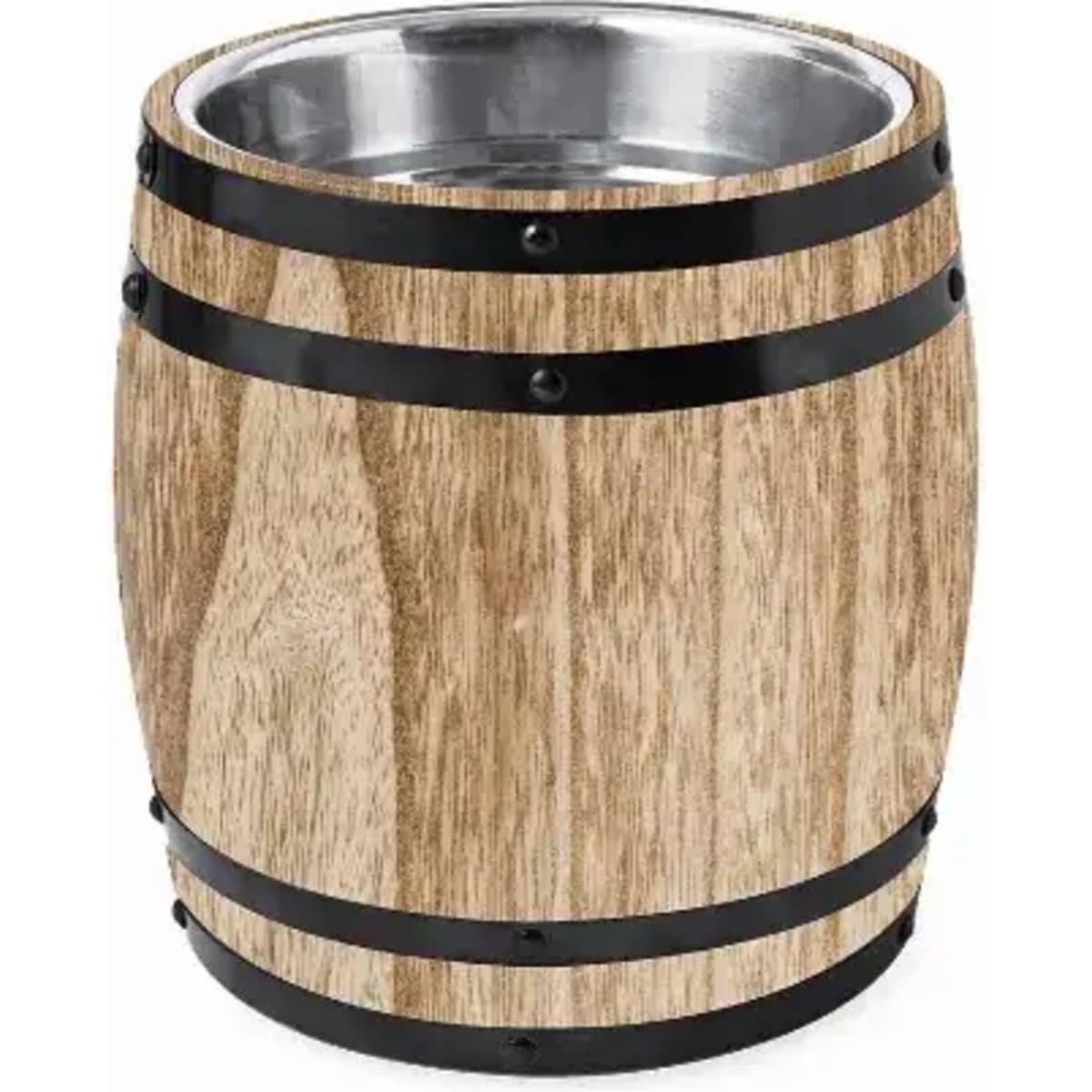 A wooden drink cooler with a stainless steel interior and black metal bands, designed to resemble a barrel.