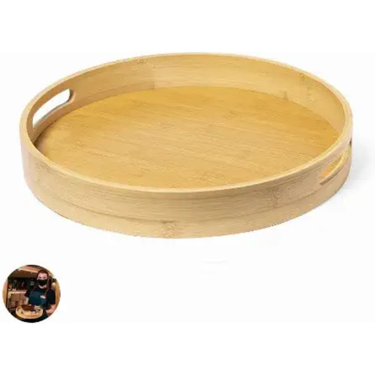 A round bamboo tray featuring two handles and a smooth, natural finish. The tray is light in colour and minimalist in design.