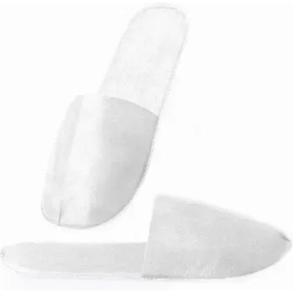 A pair of white slip-on slippers with a soft texture and open-toe design. One slipper is shown upside down.