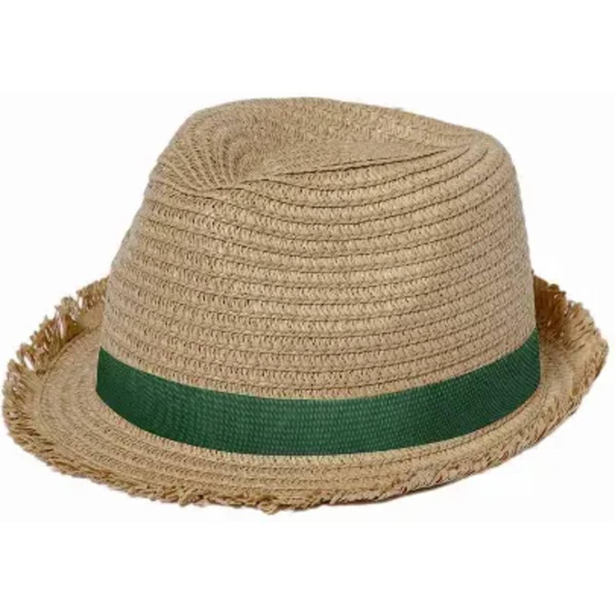 A straw fedora hat with a green band, featuring a slightly frayed brim and a textured design.