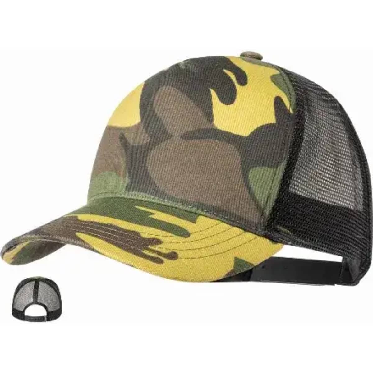 A camo cap featuring a mix of green, brown, and yellow patterns, with a mesh back and an adjustable strap.