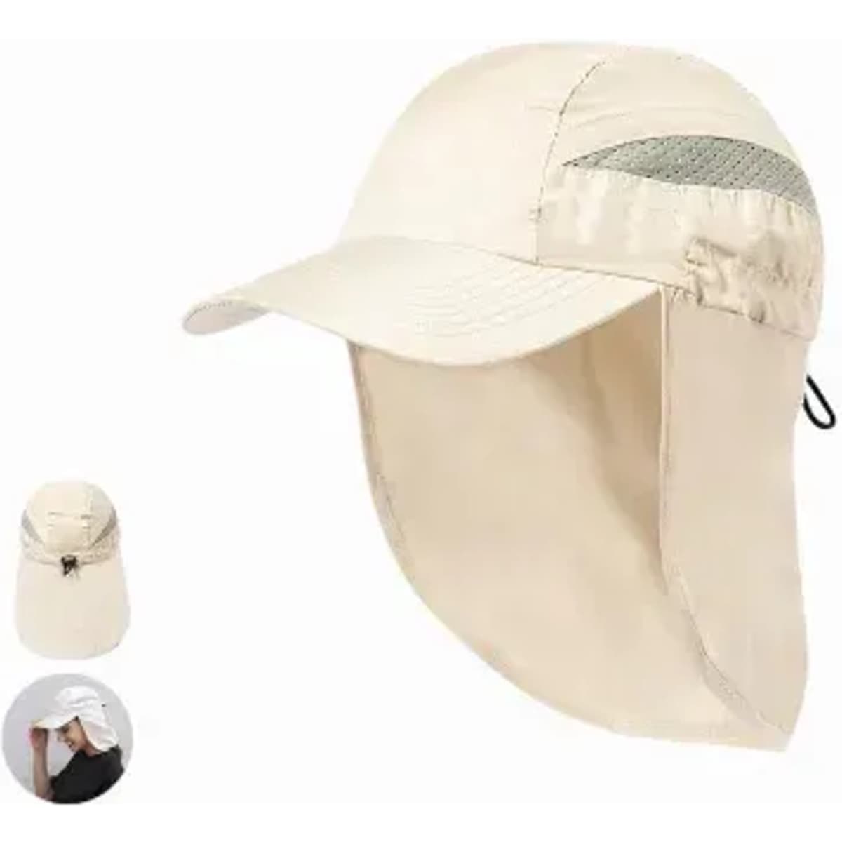 A cap in light beige with a wide brim and a neck flap for sun protection, featuring a mesh panel and an adjustable strap.