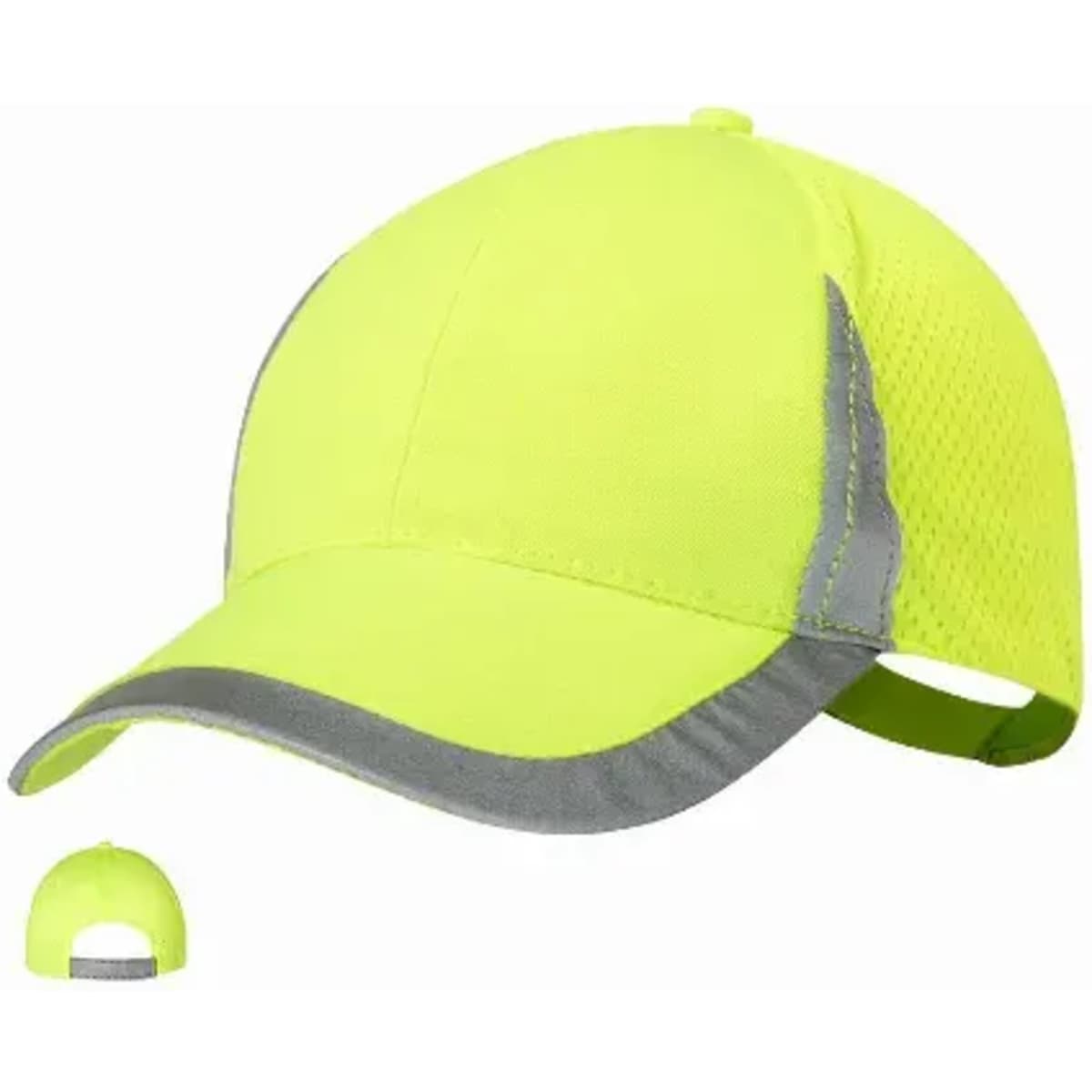 A cap in bright yellow with grey accents and a mesh design, featuring a logo on the front.