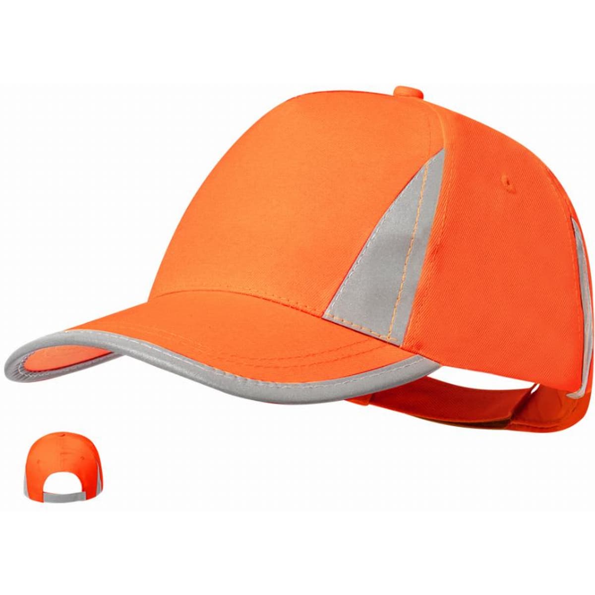 A bright orange cap with reflective accents, featuring a curved peak and adjustable strap.
