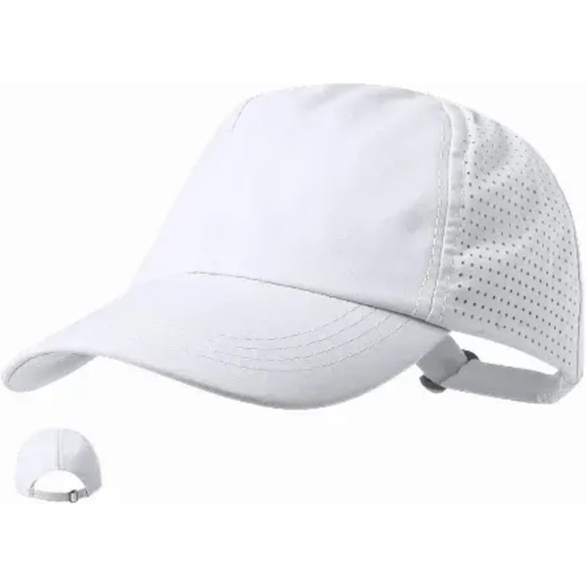 A white cap with a perforated design and an adjustable strap at the back.