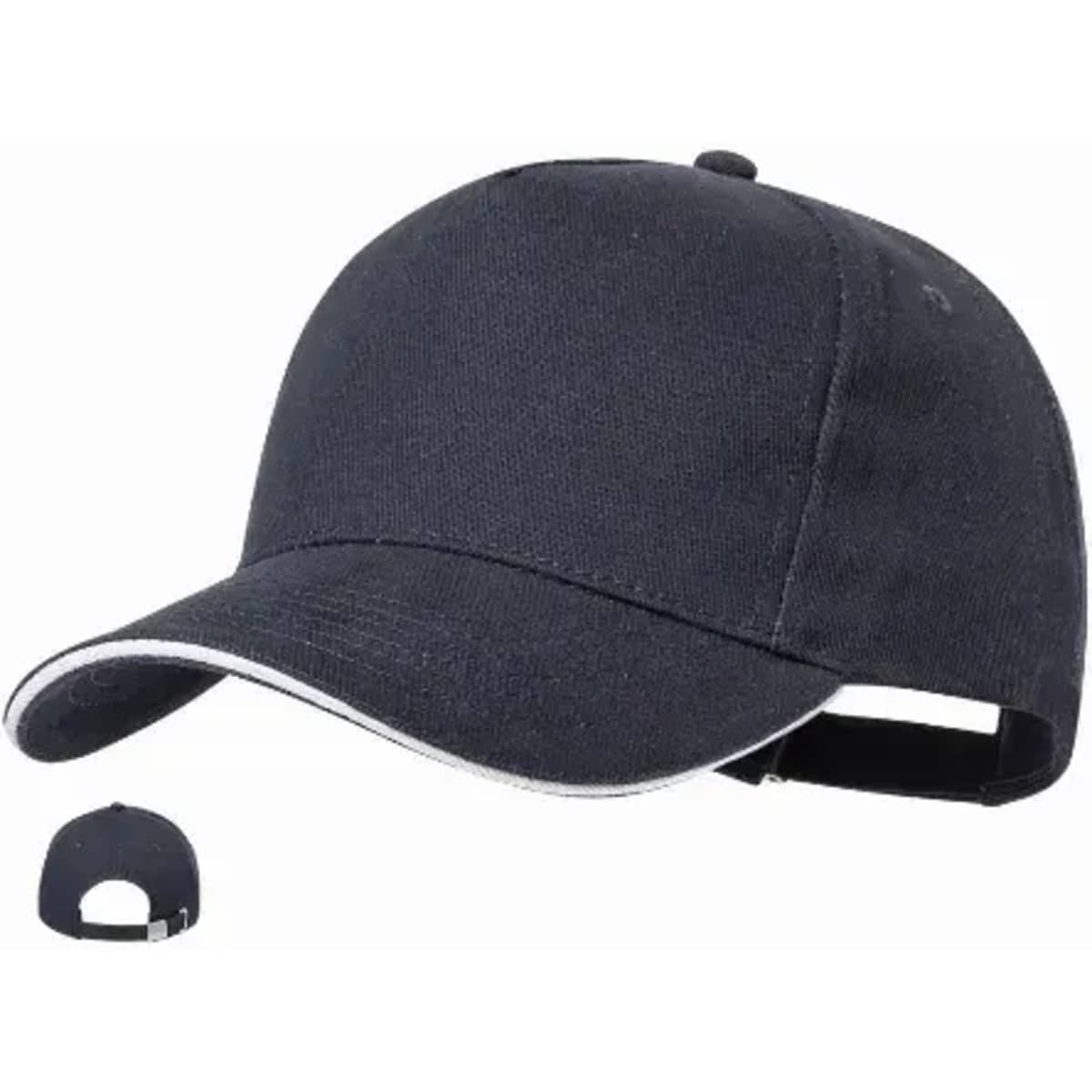 A navy cap with a curved brim and a contrasting trim, featuring an adjustable strap at the back.