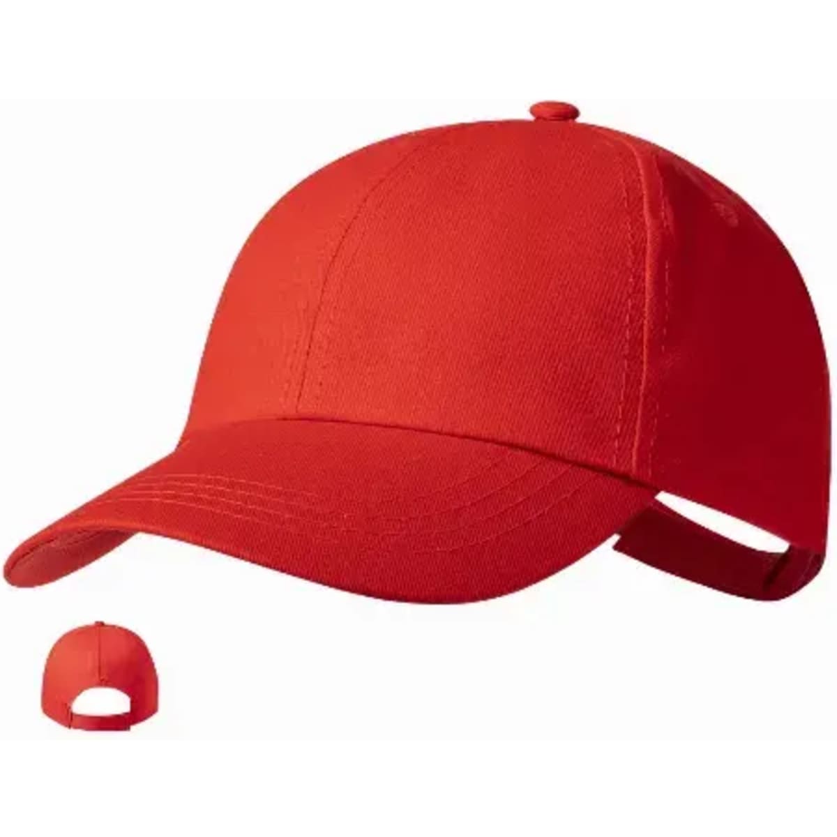 A red cap with a curved brim and adjustable strap at the back, featuring a logo on the front.