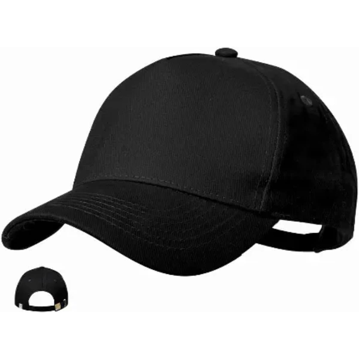 A black cap with a curved visor and adjustable strap at the back. It features a logo on the side.