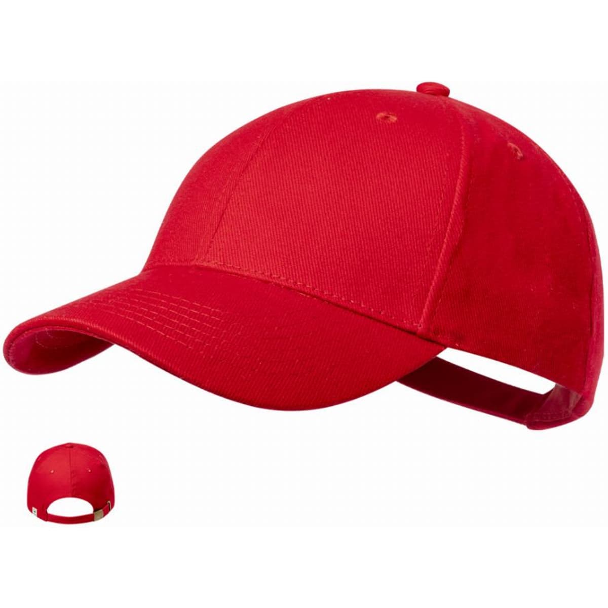 A red cap with a curved brim and an adjustable strap at the back. It features a logo on the front.
