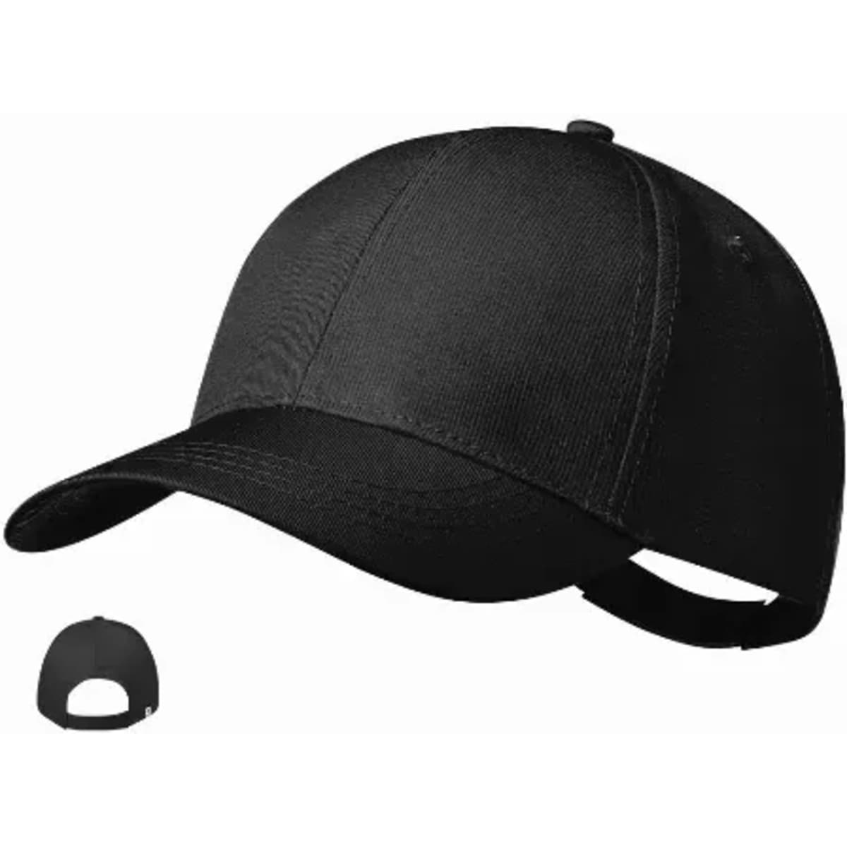 A black cap with a curved peak and an adjustable strap at the back. It features a simple design without embellishments.